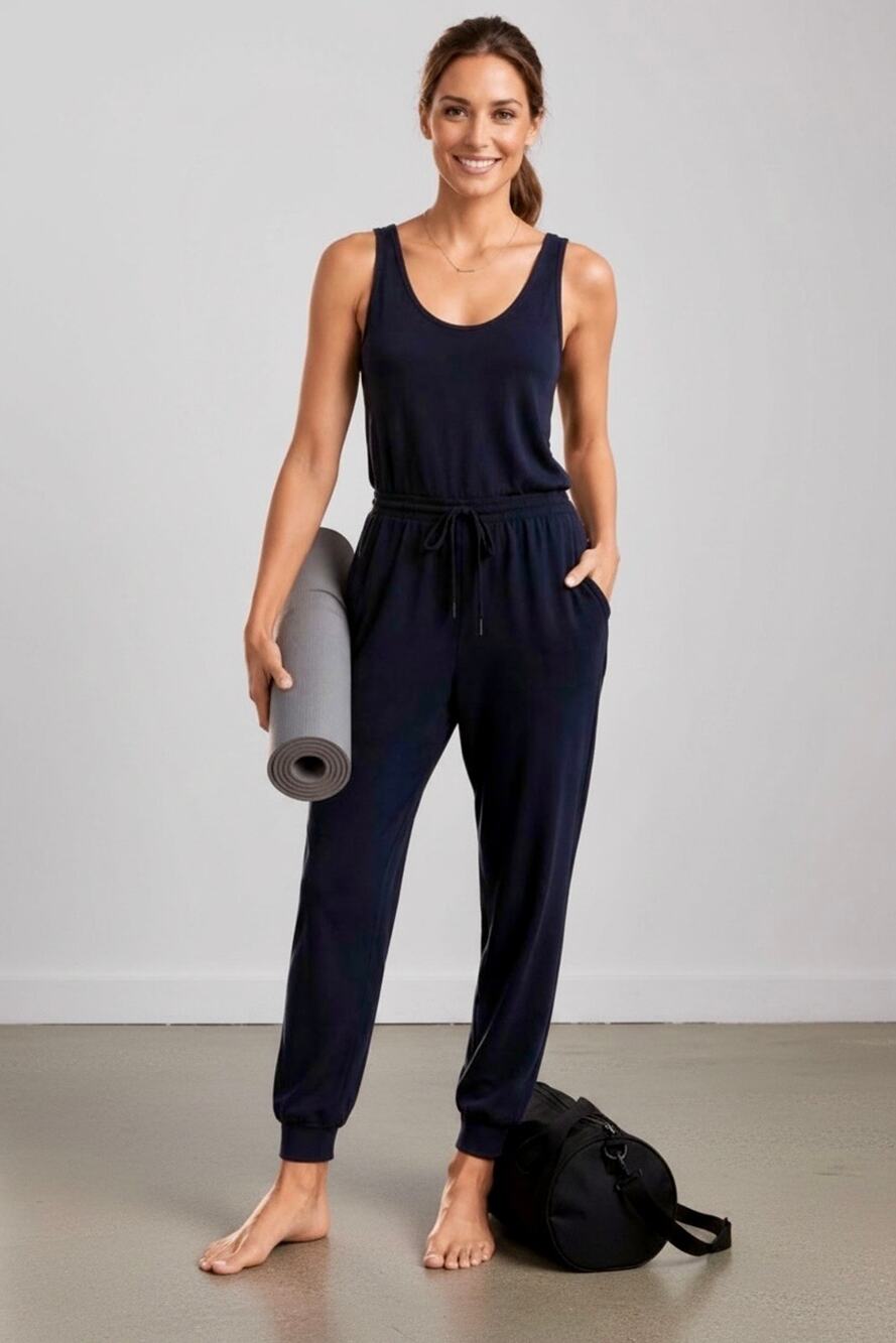 Athleta Women’s Balance Coaster Luxe Jumpsuit Scoop-Neck Black Size S NWT